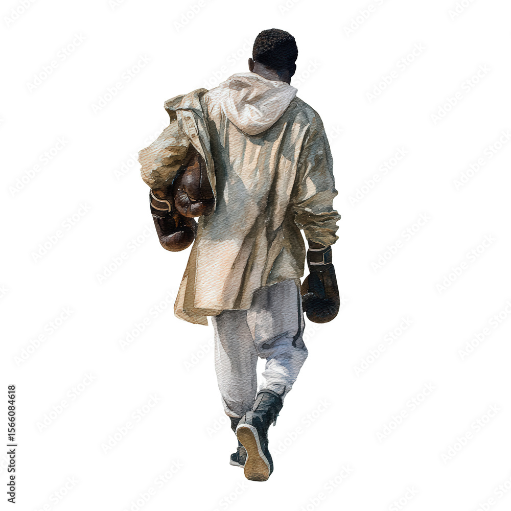 Fototapeta premium Indigenous boxer leaving ring, watercolor, no background