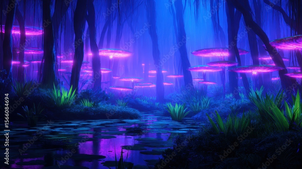 Fototapeta premium Enchanted forest with glowing mushrooms illuminating a serene pond under twilight sky