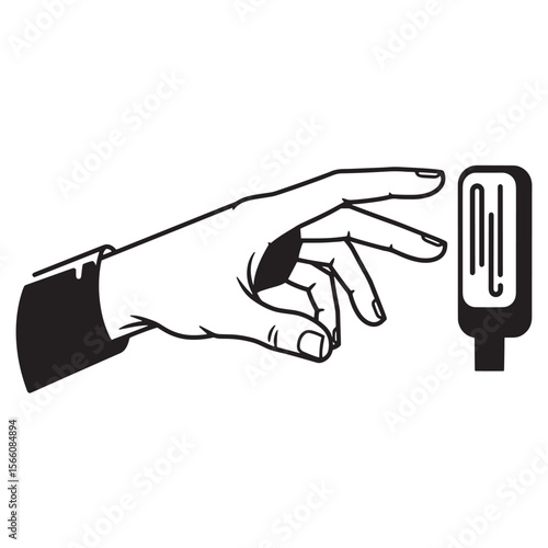 Hand reaching towards a button in black and white illustration pressing or activating an action