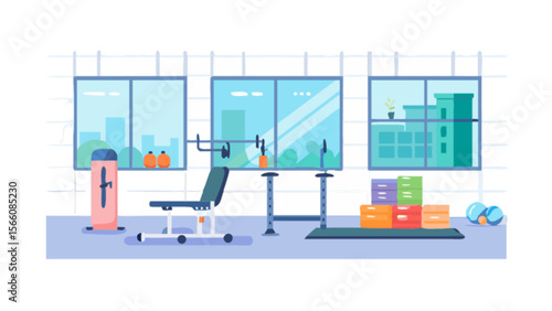 Gym interior vector design with weight bench, barbell rack and weights for fitness and exercise training