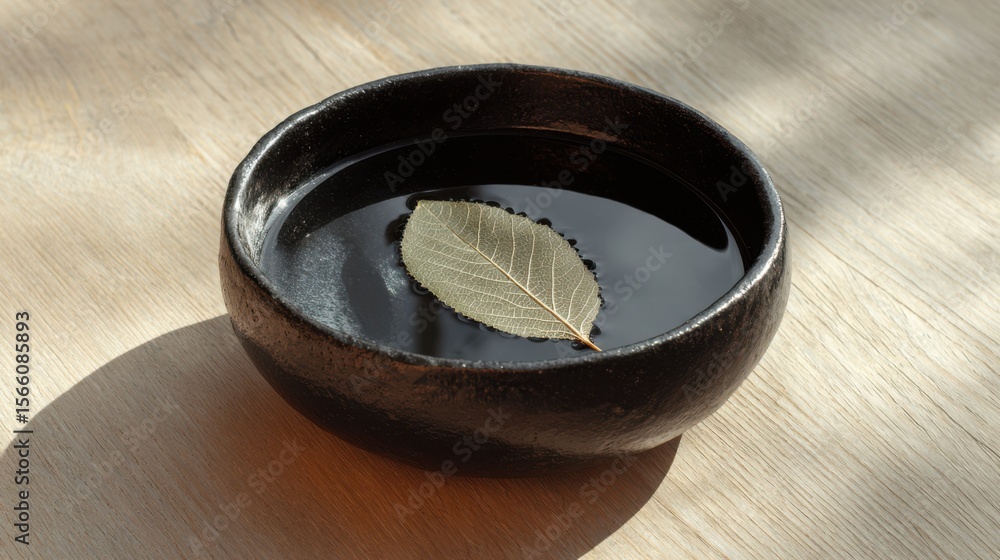 Simple black stoneware bowl placed on a light wood surface, with a single leaf floating in water, symbolizing stillness Simple black stoneware bowl placed on a light wood surface, with a single leaf floating in water, symbolizing stillness