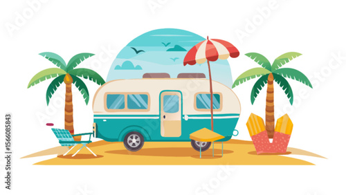 Beach camping with travel trailer and palm trees for summer vacation and outdoor adventure holiday design