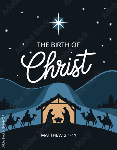 Nativity scene in Bethlehem featuring silhouettes of wise men, manger, and stars representing the birth of Christ. Suitable for Christmasthemed designs.
