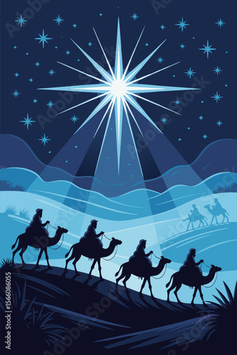 Nativity Bethlehem silhouette against a starlit night sky, a classic scene perfect for holiday and religiousthemed projects. Ideal for Christmas designs and religious publications.