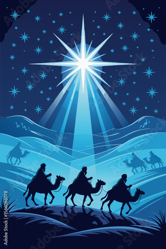 Nativity Bethlehem silhouette against a starlit night sky, a classic scene perfect for holiday and religiousthemed projects. Ideal for Christmas designs and religious publications.