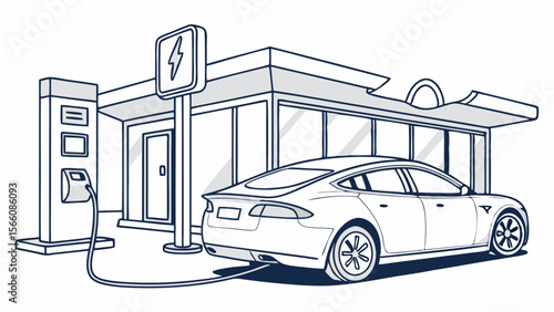 Electric Vehicle Charging Station Illustration with Modern Sedan Car. Sustainable Transportation Infrastructure and Eco-Friendly Energy Concept. Gr...