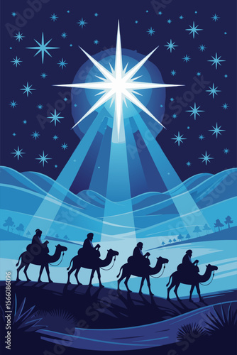 Nativity Bethlehem silhouette against a starlit night sky, a classic scene perfect for holiday and religiousthemed projects. Ideal for Christmas designs and religious publications.