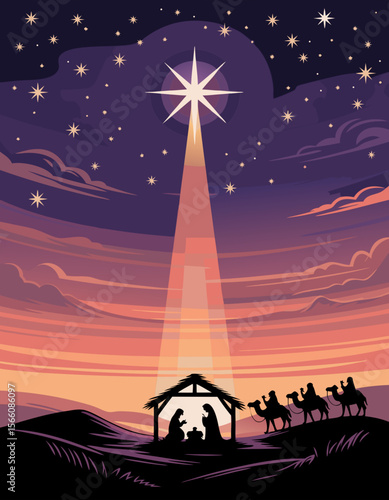 Nativity bethlehem silhouette depicts wise men and a starlit scene. Ideal for Christmas, religious, holiday, nativity, and spiritual concepts.
