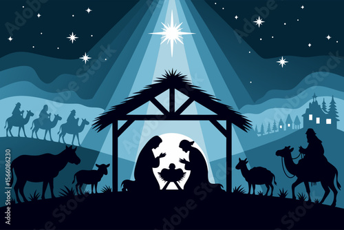 Nativity Bethlehem Silhouette featuring Mary, Joseph, baby Jesus, and wise men. Perfect for Christmas cards, religious designs, and holiday decorations.