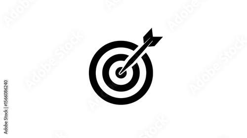 Minimalist black icon of a target with dart hitting center, goal achievement concept, isolated on white