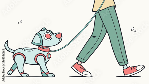 Person Walking a Futuristic Robot Dog on a Leash, AI Pet Companion Stroll, Modern Lifestyle with Digital Canine Illustration