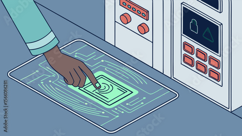 Human Hand Interacting with Futuristic Transparent Touchscreen Interface for Appliance Control. Advanced Technology and Digital User Experience Con...