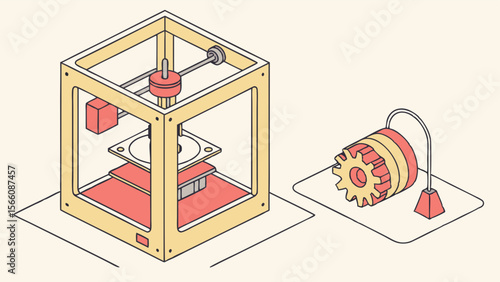 Isometric 3D Printer and Printed Gears Illustration. Modern Additive Manufacturing Technology for Rapid Prototyping and Industrial Design.