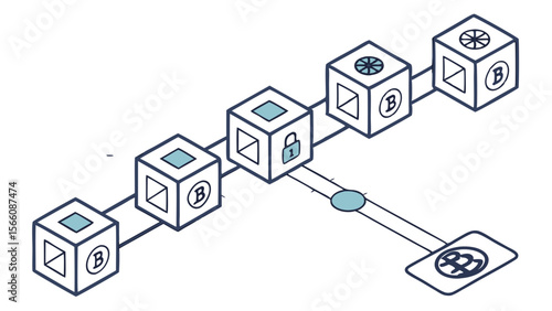Blockchain Technology Diagram with Interconnected Blocks, Digital Currency Symbols, and Secure Data Transaction Icon Representing a Decentralized L...