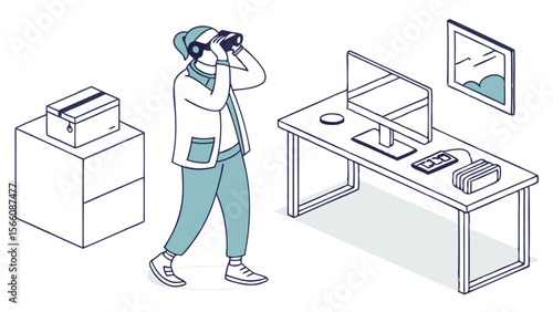 Virtual Workspace Exploration: Isometric Illustration of a Person with Binoculars in a Digital Office Setting, Symbolizing Search, Discovery, and F...