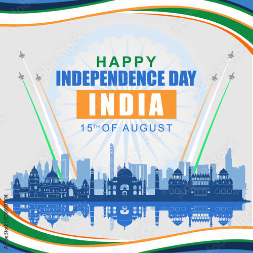 happy independence day india 2025 with silhouette of famous landmarks of india and fighter jets. Best for card, poster, banner and social media.