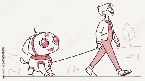 Futuristic Pet Companionship: Person Walking Robotic Dog on Leash in Minimalist Outdoor Setting, Blending Technology and Daily Life Illustration