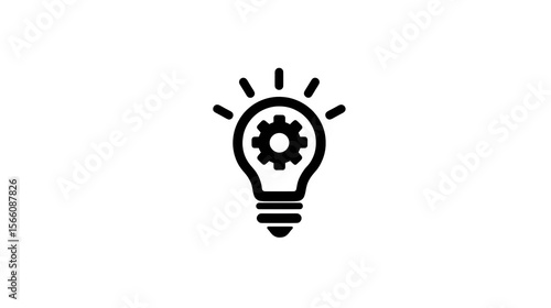 Minimalist flat icon of a lightbulb with gear, representing innovative ideas, filled black, isolated on white