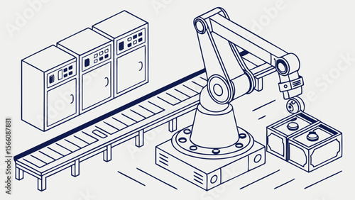 Industrial Robotic Arm on Production Line with Conveyor Belt and Control Panels. Isometric Line Art Illustration of Automated Manufacturing Process