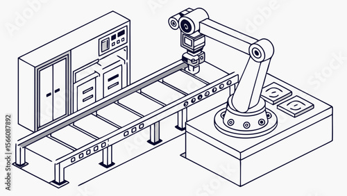 Industrial Automation: Robotic Arm on Conveyor Belt System Isometric Line Art Illustration