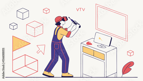Immersive Virtual Reality Experience: Person in VR Headset Interacting with Digital Content and Geometric Shapes, Exploring Futuristic Concepts