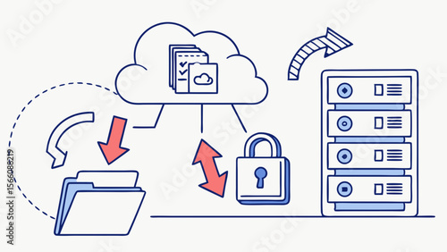 Secure Cloud Data Management Concept. Digital illustration showing file synchronization, server infrastructure, and padlock for secure information ...