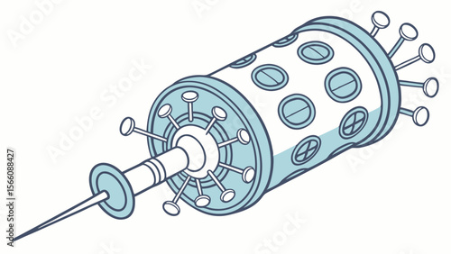 Conceptual Syringe with Abstract Viral Elements. Futuristic Medical Device Illustration for Vaccine Development, Disease Treatment, and Health Tech...