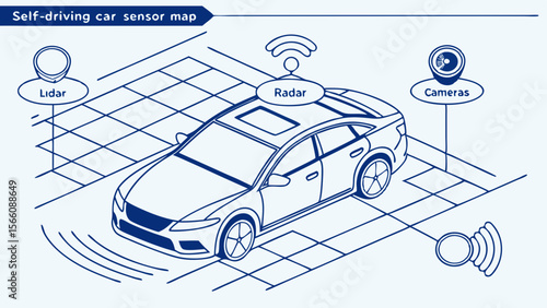 Autonomous Vehicle Sensor Map Diagram: Lidar, Radar, and Camera Technology for Self-Driving Cars. Blueprint Illustration of Smart Car System.