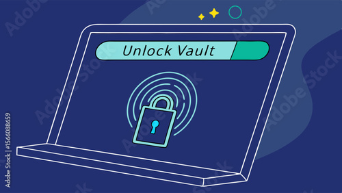 Secure Digital Vault Unlock on Laptop Screen with Biometric Fingerprint Scan. Cybersecurity and Data Protection Concept.