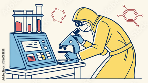 Laboratory Scientist in Protective Hazmat Suit Using Microscope for Chemical and Biological Research. Science Experiment and Safety Concept Illustr...