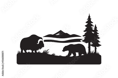 arctic tundra silhouette vector art illustration on white background
