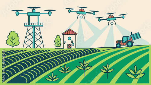 Future Farm Landscape with Drones Monitoring Crops and Automated Agricultural Technology