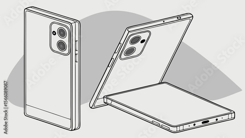 Sleek Foldable Smartphone Design Concept Illustration. Modern Mobile Device with Advanced Camera System, Depicted in Isometric Line Art on a Minima...