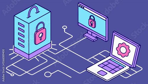 Cybersecurity and Data Protection Network Illustration: Secure Server, Monitor, and Laptop with Padlocks and Gear Icon on Purple Background