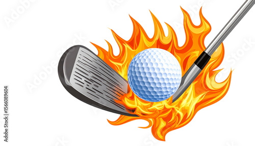 Golf ball background with fire effect on white background.