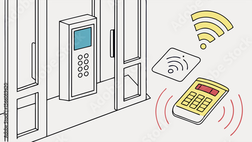 Wireless Access Control System Illustration: Keypad, RFID Card, and Remote Fob for Secure Digital Entry and Smart Home Automation