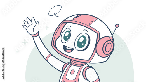 Friendly Robot Waving Hello Illustration. Cute AI Character with Pink Accents and Big Eyes, Symbolizing Welcome, Communication, or Future Technolog...