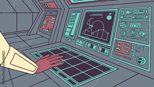 Futuristic Control Panel with Hand Interacting on Touchscreen Interface. Stylized Sci-Fi Console with Digital Displays and Schematic Diagrams in a ...