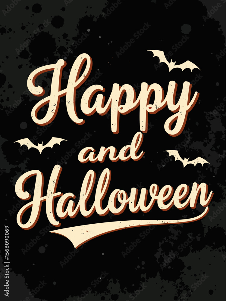Fototapeta premium black Happy on top, elegant script font Halloween below, retro 80s and 90s style