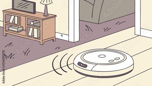 Automated Robot Vacuum Cleaner Operating in a Modern Home Living Room, Smart House Technology for Effortless Floor Cleaning Illustration