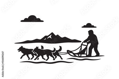 dog sled team silhouette vector art illustration on white background