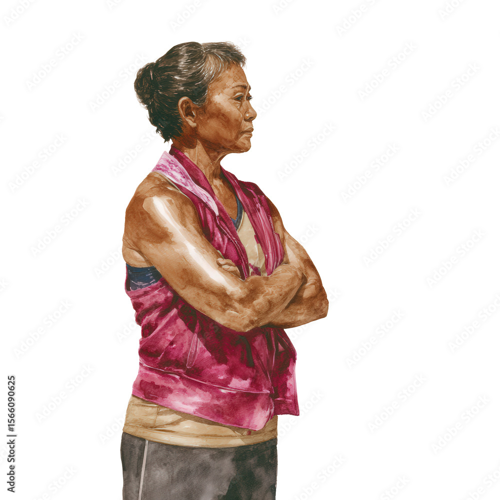 Fototapeta premium Calm Southeast Asian boxer stance, watercolor, no background