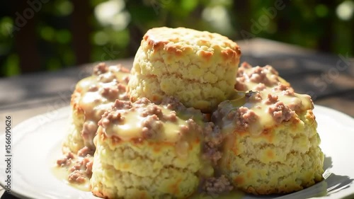 Stack of biscuits topped with savory meat and gravy
