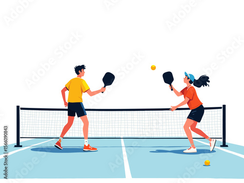 Pickleball game on court Pickle ball players with rackets