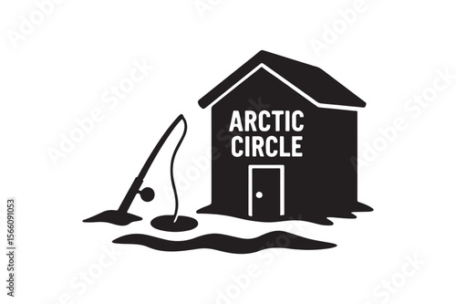 ice fishing hut silhouette vector art illustration on white background