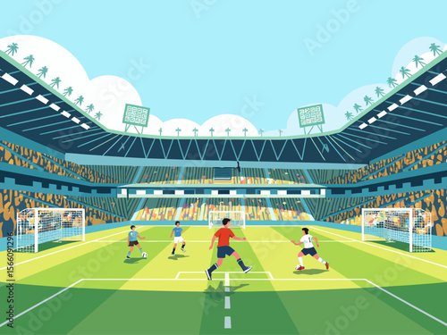 Soccer players playing with ball at stadium Teams during sport game at football field, grass at World Cup competition