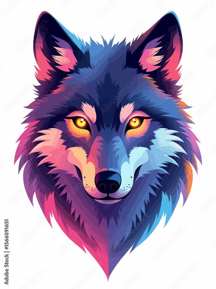 Naklejka premium wolf head portrait, glowing yellow eyes, iridescent fur in neon rainbow colors, centered and symmetrical