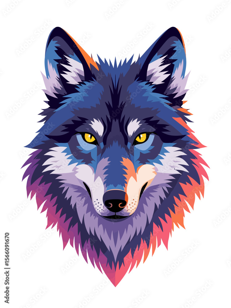 Naklejka premium wolf head portrait, glowing yellow eyes, iridescent fur in neon rainbow colors, centered and symmetrical