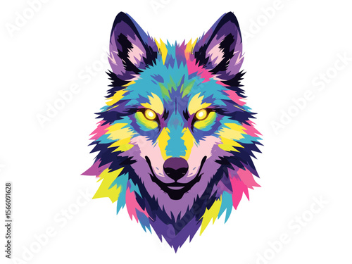 wolf head portrait, glowing yellow eyes, iridescent fur in neon rainbow colors, centered and symmetrical