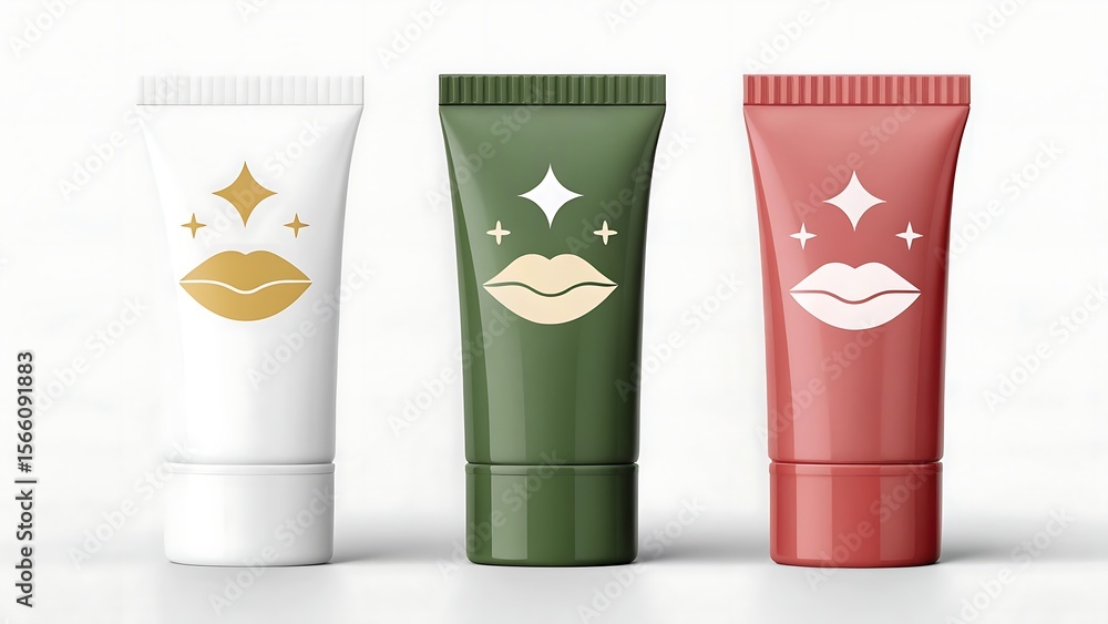 Fototapeta premium Three cosmetic tubes with lip and sparkle designs in white green and pink on a light background